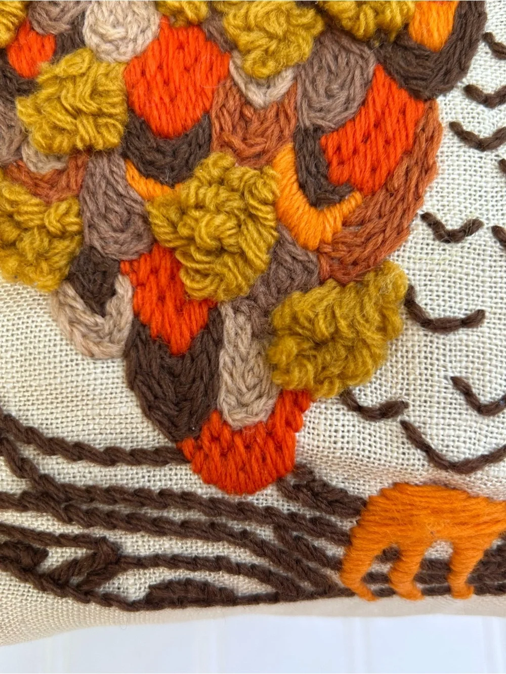 Vintage Pillow Owl Crewel Embroidered Decorative Throw Autumn Tones 13x13